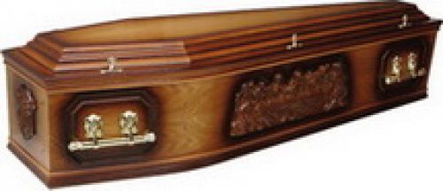 Click Here To Enlarge This Photo Of  Solid wood, veneered with oak or mahogany, panelled design with Mary and Our Lord on ends, doubled raised lid and solid wood moulding