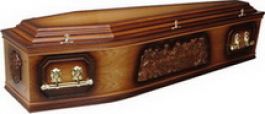  Solid wood, veneered with oak or mahogany, panelled design with Mary and Our Lord on ends, doubled raised lid and solid wood moulding