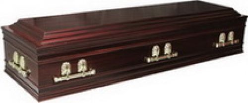 Click Here To Enlarge This Photo Of Veneered mahogany casket. ¾ continuous panel sides, double raised lid, with solid wood moulding in a rose wood tint