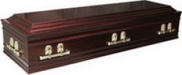Veneered mahogany casket. ¾ continuous panel sides, double raised lid, with solid wood moulding in a rose wood tint