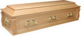 Superior solid oak casket (Canterbury), panel sides and panel ends, double raised lid with shaped corner posts