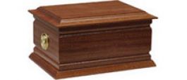 E. Solid mahogany casket with routed sides and end rings