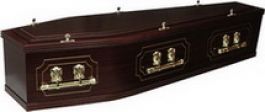 Veneered mahogany with panel sides, pattress on lid, gold inlaid with solid wood moulding 